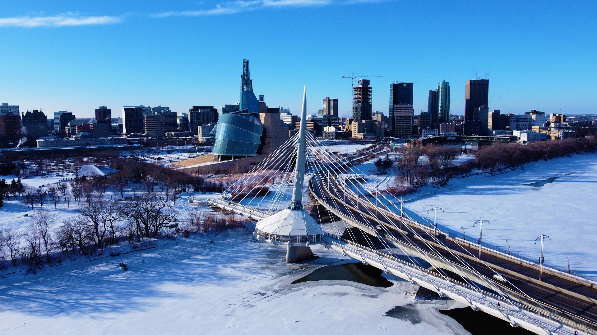Winnipeg skyline and Esplanade Riel bridge in winter